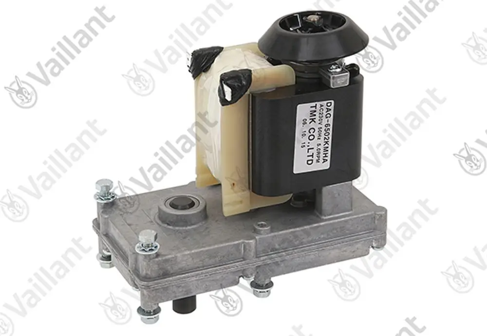 Vaillant Motor mit schwarzem Gehäuse und Aluminiumgrundplatte, mehreren Befestigungsschrauben und einem Anschluss für elektrische Leitungen.